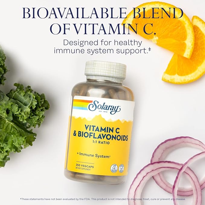 SOLARAY Vitamin C 500mg with Citrus Bioflavonoids, 1:1 Ratio - Antioxidant and Immune Support Supplement - Vitamin C with Rose HIPS and Acerola, Vegan, 60-Day Guarantee, 125 Servings, 250 VegCaps