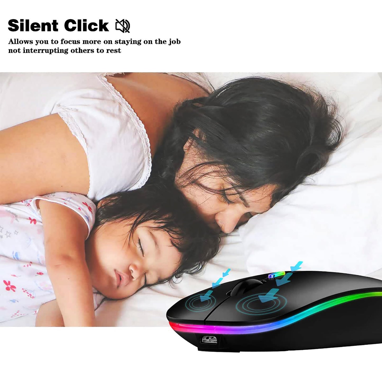 WREANU Wireless Bluetooth Mouse Rechargeable Laptop Mice with LED Lights Silent Slim Use(BT5.2 and 2.4G Portable USB Receiver)Dual Mode Computer Mouse for Laptop/iPad/Tablet/Apple/Computer/Mac(Black)