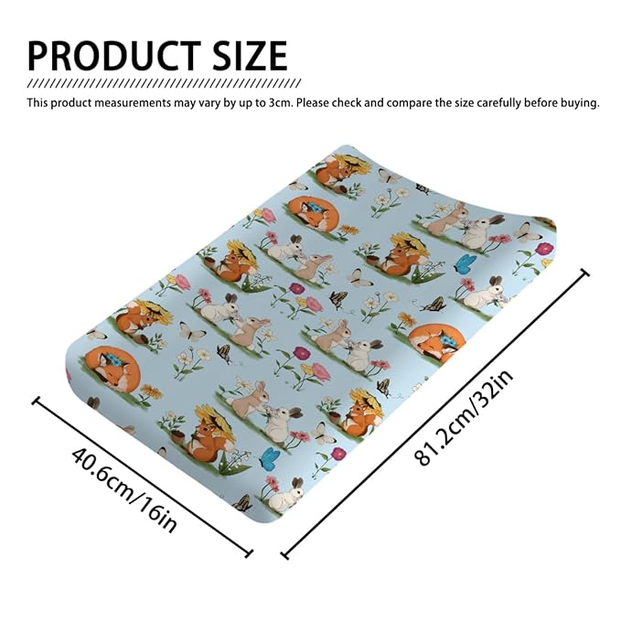 Cute Animals Spring Flowers Baby Changing Pad Covers Boy Girl 32''x16'' Bunny Fox Squirrel Butterflies Floral Fitted Diaper Change Table Mats Forest Soft Breathable Nursery Changing Table Sheets Blue
