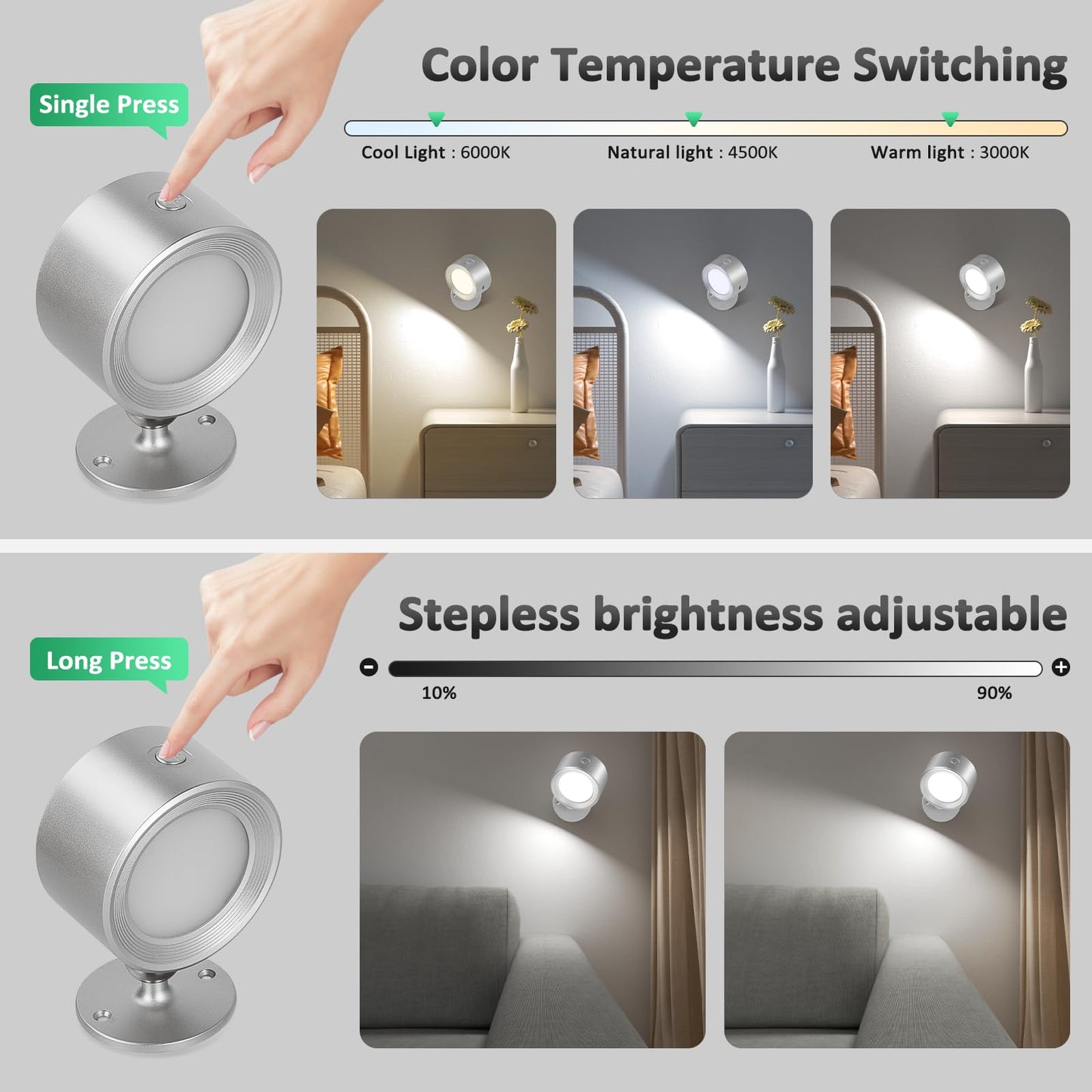 Lightbiz LED Wall Reading Lights, 2 Pcs, Rechargeable, Dimmable, 3 Color Temperatures, Silver, Model X120