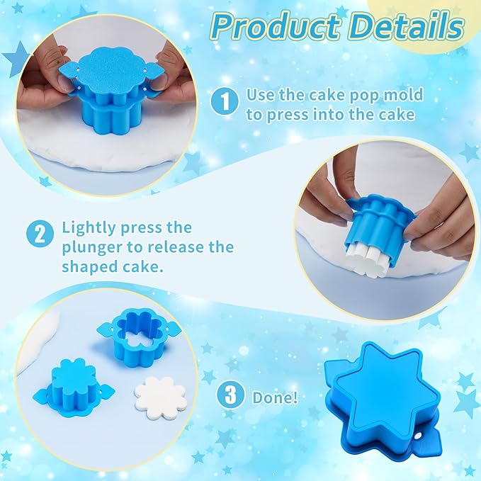 LemonRoad 4 Cake Pop Molds Sets with 100 Paper Sticks Cake Pop Cutter and Pusher 3D Printed Mold Shapes Press Star Heart Round Flower Baking Tools Kit for Birthday Wedding Party Desserts
