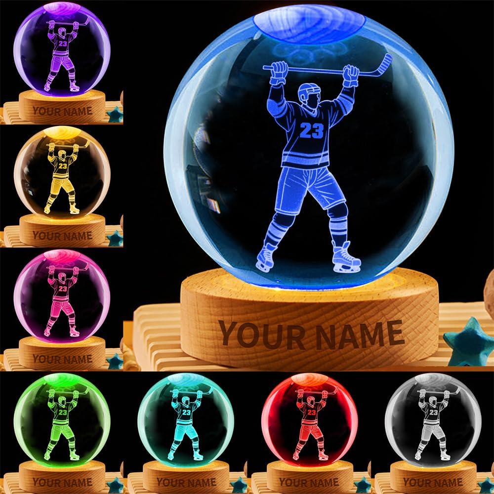 Personalized Ice Hockey Crystal Night Light Gift for Men Women, Custom Name/Number Hockey Player 3D Crystal Ball Night Light Lamp for Bedroom Room Sports Decor Party Bar Christmas Birthday Gift