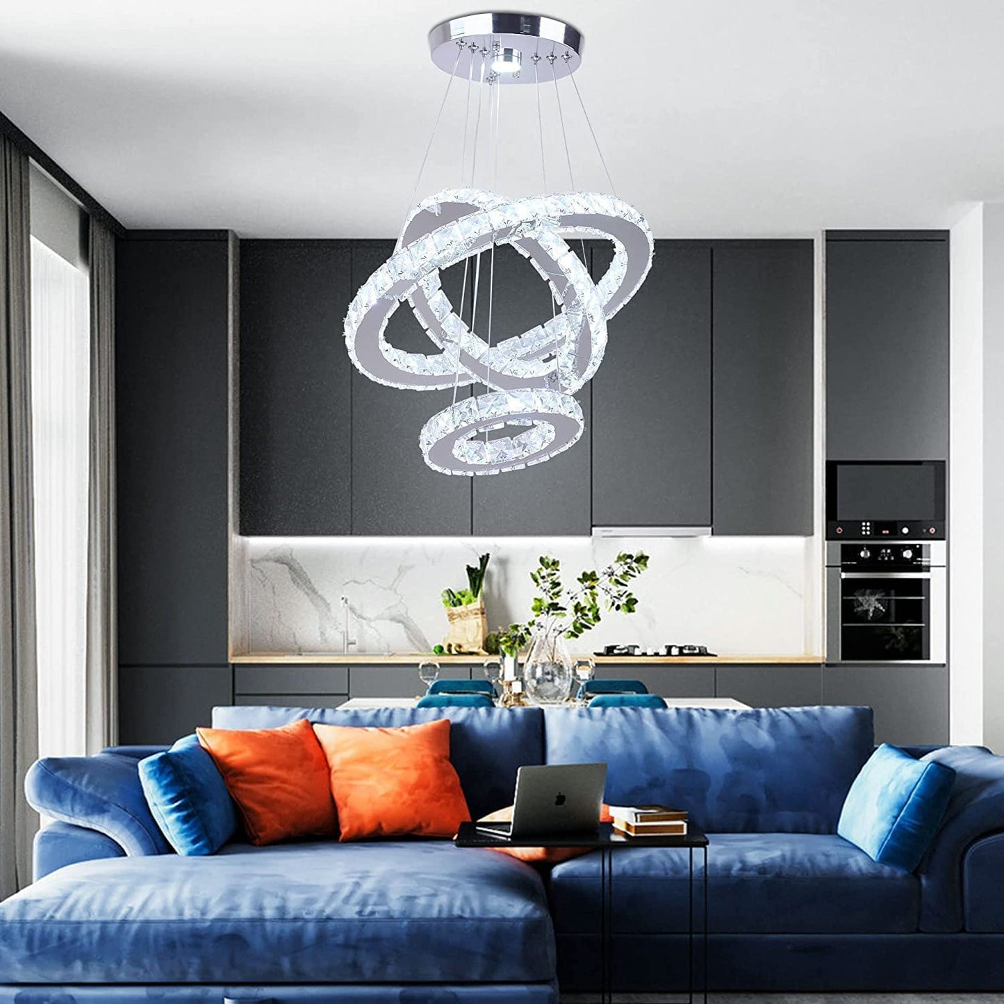 Cainjiazh Modern Crystal Chandelier 3 Rings LED Fixture Adjustable Ceiling Light for Dining Room, Bedroom, Living Room - Cool White, Model US-234YXDD-White