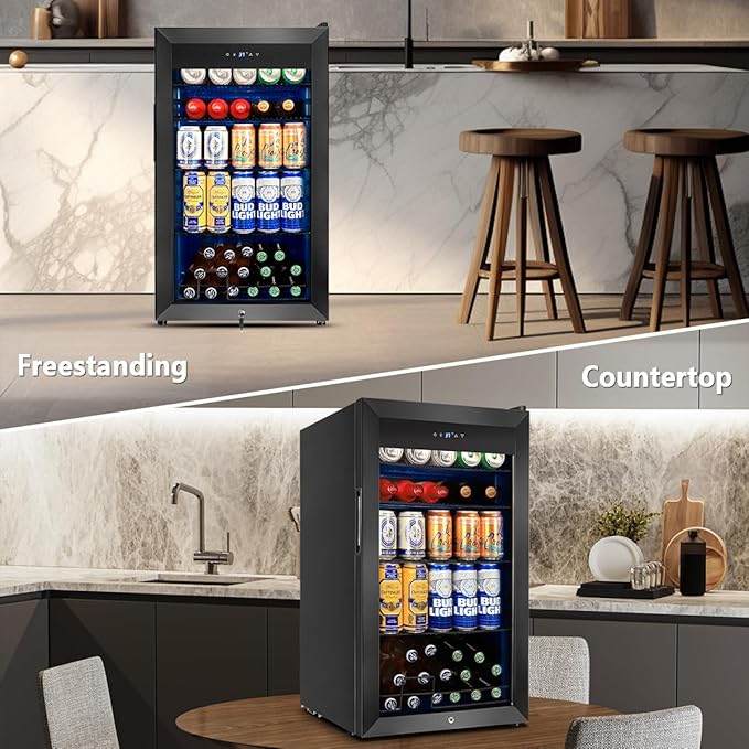 Tylza 130 Cans Beverage Refrigerator Cooler, 3.22 Cu.Ft Beverage Cooler with Low-E Glass Door, Safety Lock, Beverage Fridge for Soda, Beer, Wine, Mini Fridge for Home, Office, Bar, Bedroom, Black
