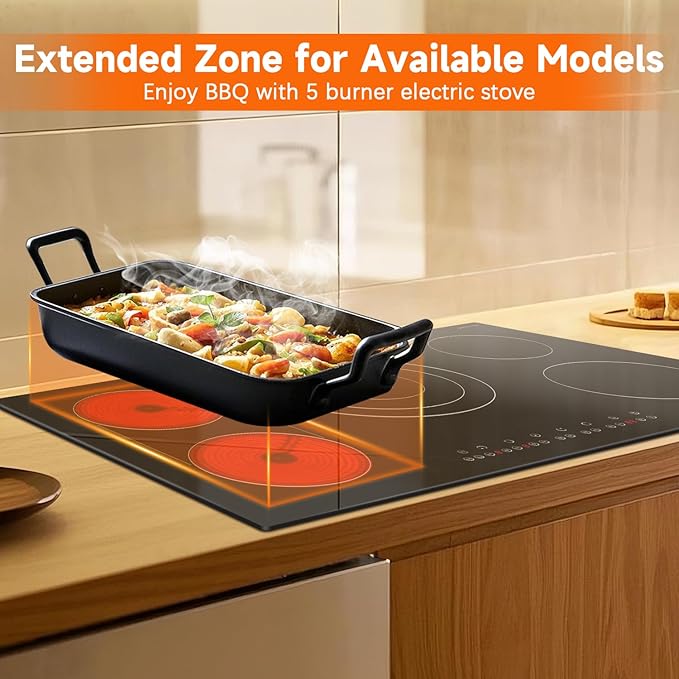 Noxton 36 Inch Electric Cooktop 5 Burners, 9600W Built-in Electric Stove Top, Flexible Bridge & Triple Elements, Pause, Timer, Child Safety Lock,Touch Control Ceramic Cooktop for 220-240V Hard Wire