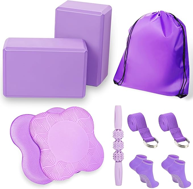 SAMTKA 2 Yoga Blocks Supportive Accessories including 2 Knee Pads, 2 With Strap To Put Less Weight On Wrists, 1 Muscle Mas...