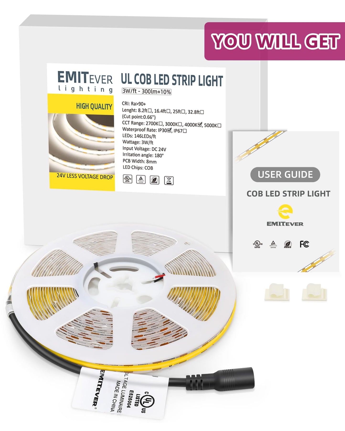 EMITEVER COB LED Strip Lights Neutral White, 4000K Tape Light Premium High Density, 24V, 300+Lumens/ft, 2400LEDs/Spool, Ra 90+, 16.4ft, 3W/ft, UL Listed 5 Year Warranty (Power Supply Sold Separately)