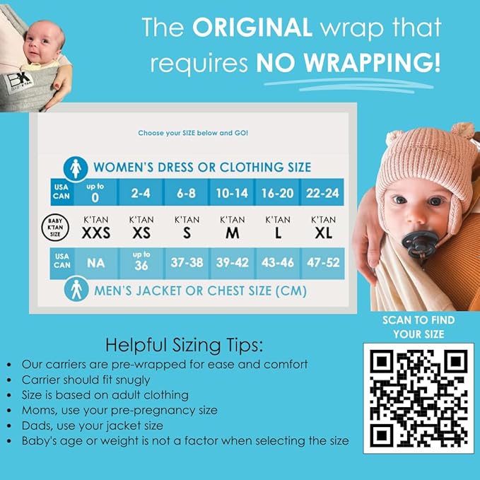 Breeze Baby K'tan Baby Carrier, #1 Easy Pre-Wrapped Baby Sling Gift | Breathable 100% Cotton Mesh | Hands Free Wrap for Infants | No Rings Or Buckles | Charcoal | X-Small