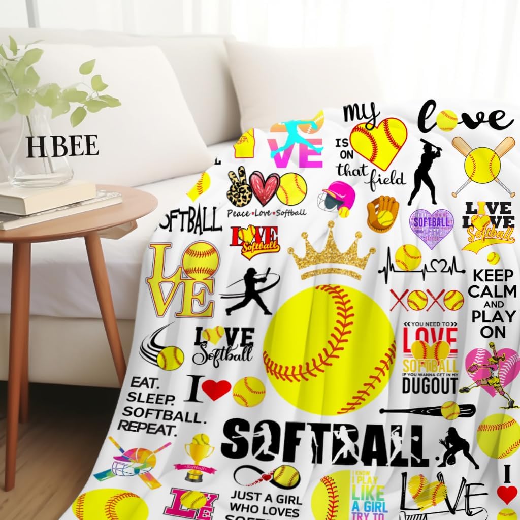 Softball Blanket Soft Cozy Flannel Softball Throw Blankets Bedding Softballs Lovers Merch Gifts for Boys Girls Women Adults Gifts Room Decor80 X60