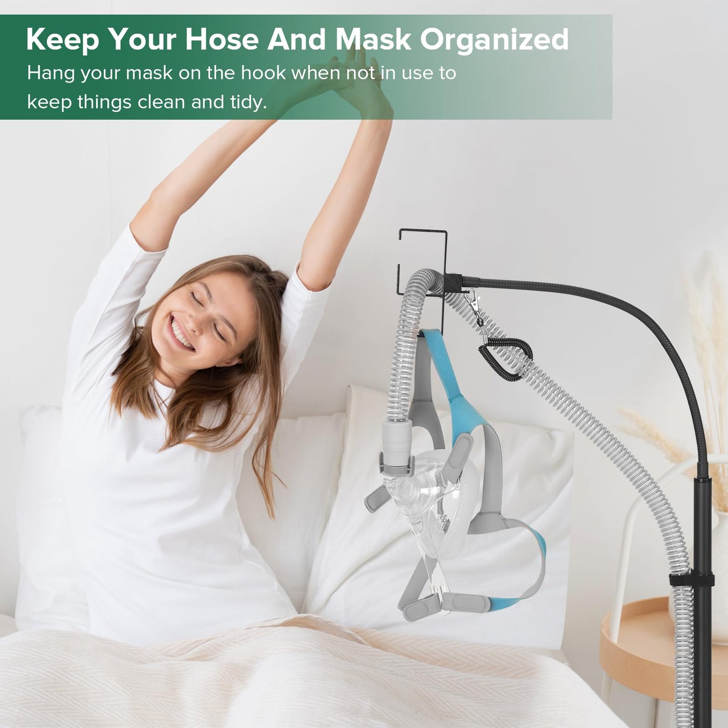 EonRivet CPAP Hose Holder for Bedside -All-Metal Stand with Aluminum Hook |NoWall Drilling | Fits ResMed/Philips/AirSense Tubing | Helps Keep Hose Clean &Tangle-Free