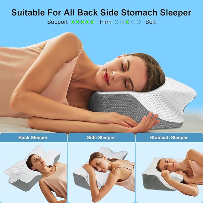 Anvo Ergonomic Pillows for Pain Relief Sleeping - Cervical Pillow for Neck Pain Relief - Memory Foam Pillows for Neck and Shoulder Pain - Neck Pillow for Side Back & Stomach Sleeperr - Silver Firm