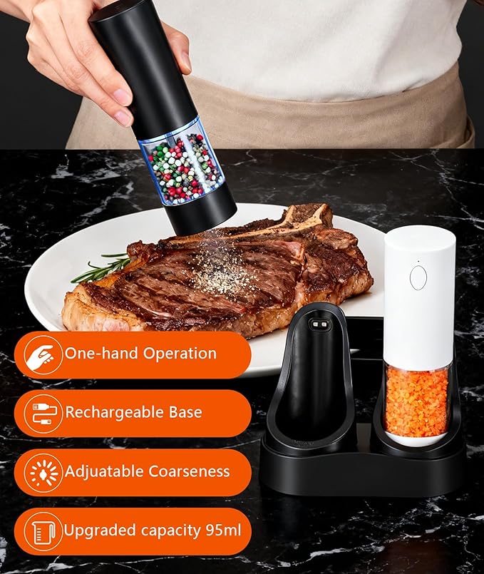 Electric Salt and Pepper Grinder Set - Rechargeable Battery Operated, Adjustable Coarseness, LED Light, Stainless Steel & Glass Body - Spice Mill for Kitchen, Dining Table