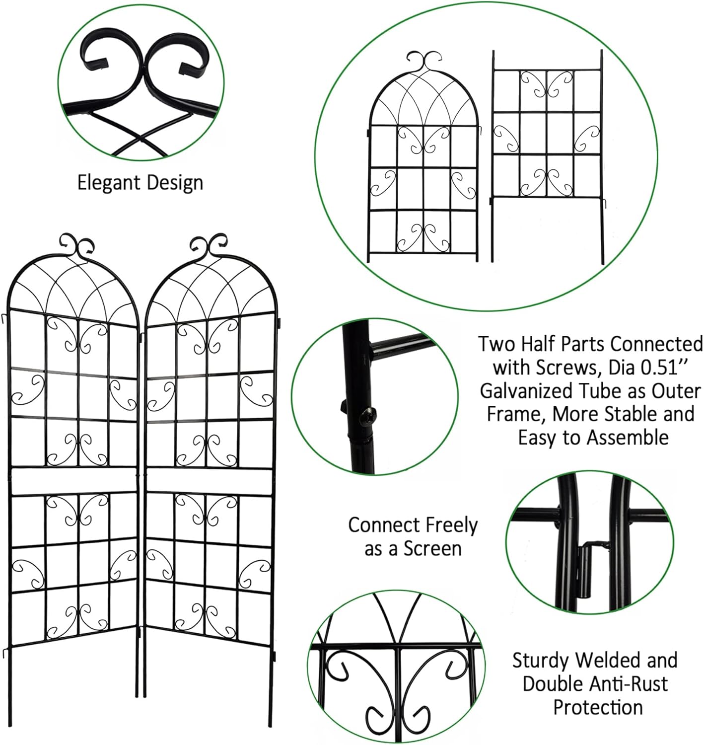 8 Pack Metal Garden Trellis 71" H Garden Fence Rustproof Trellis for Climbing Plants Support Roses Flower Outdoor Lawn Black