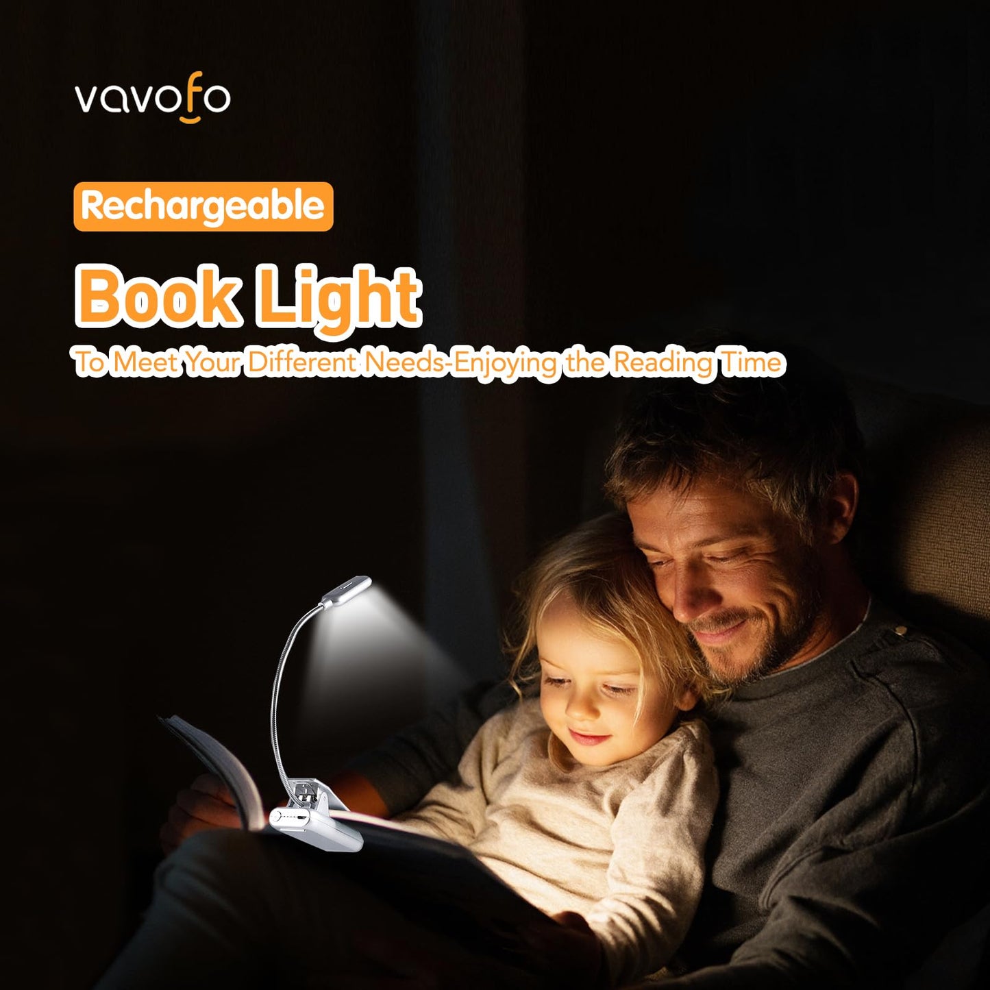 VAVOFO Rechargeable Book Light, 7 LED, 9-Level Brightness, Eye Care, Silver, Model KM-6720