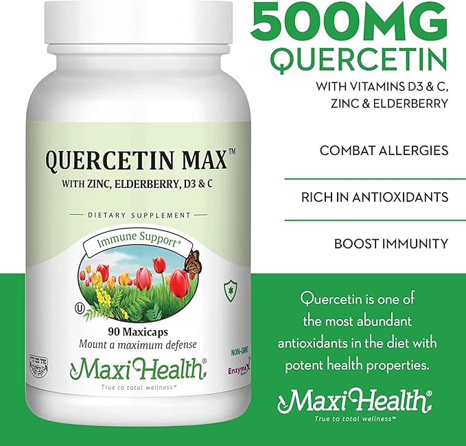Maxi Health Quercetin 500mg with Zinc 30mg, Vitamin C 1000mg, Vitamin D 2500 IU, Elderberry 125mg - Vegetarian Health Supplement for Adults Kosher Certified - 90 Veggie Capsules (Pack of 2)
