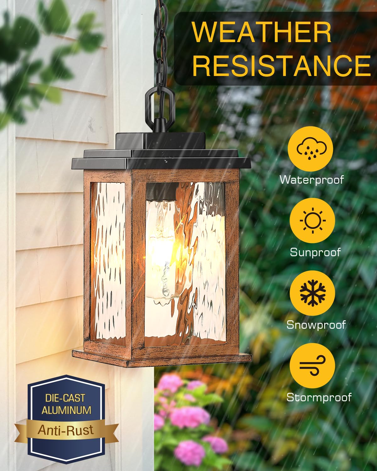VIANIS Outdoor Pendant Light, Waterproof Aluminum Ceiling Fixture, Wood Grain, Model V83011GR, Lantern for Porch