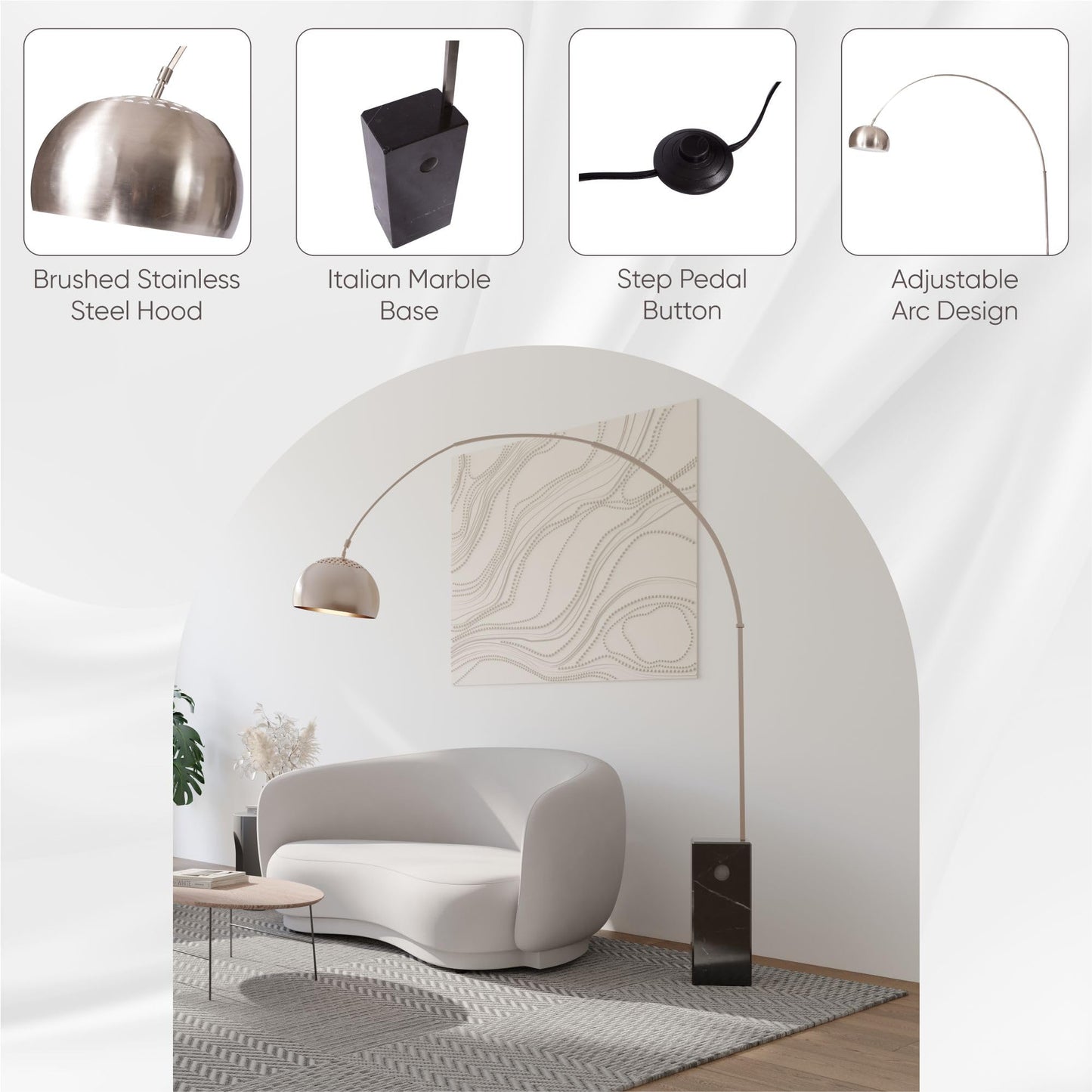 LeisureMod Floor Lamp with Marble Base, Brushed Stainless Steel, 96inH, Black, Model AL22W