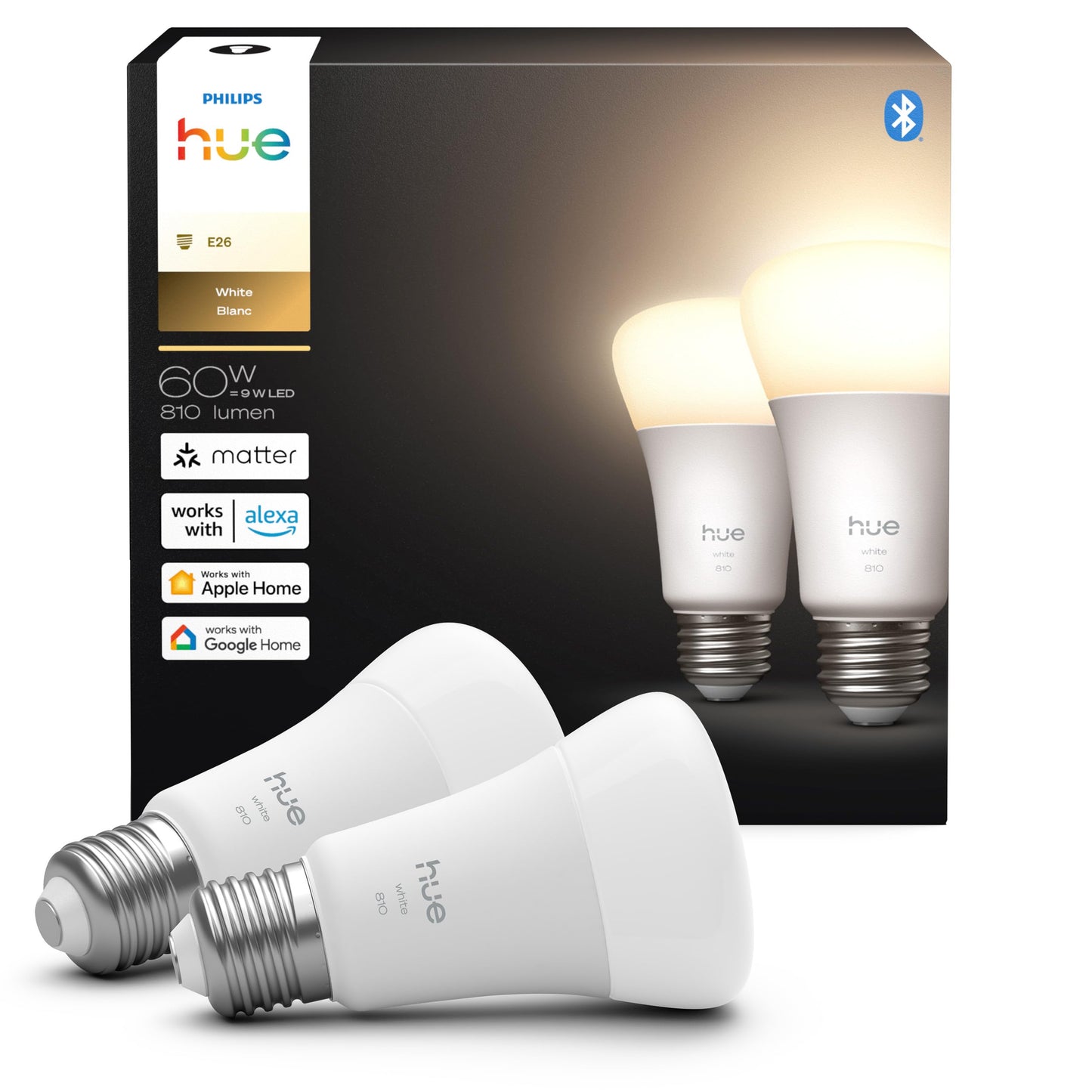 Philips Hue Smart LED A19 Bulb, Warm White Light 2700K, E26 Base, 9W, 810 Lumens, Dimmable, Works with Alexa, Google Assistant, and Apple Home, 2pk