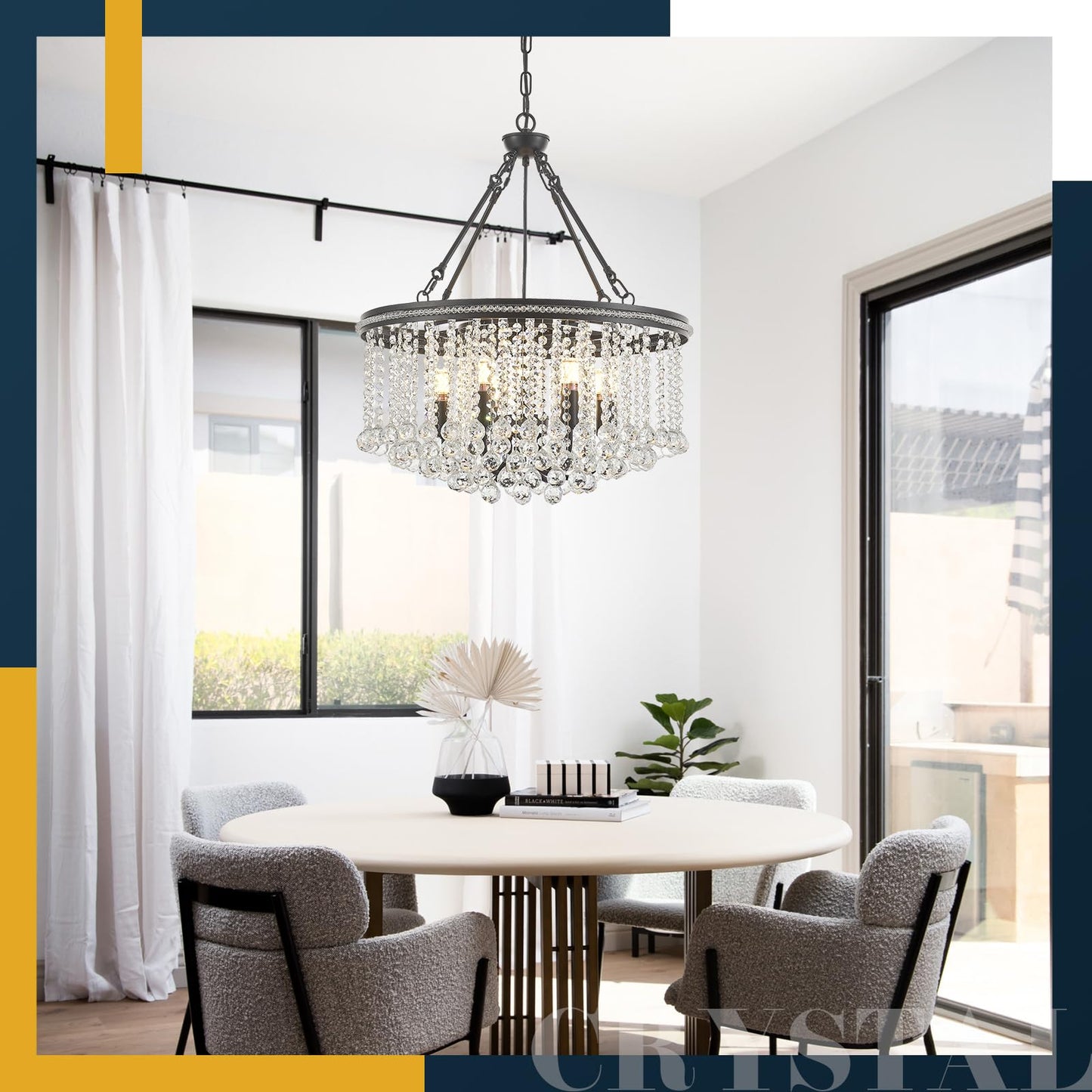 6-Light Black Crystal Chandelier Modern 21.6 Contemporary Round Pendant Chandeliers Crystal Ball stylish Ceiling Hanging Lighting For Living Dining Room Kitchen Island Bedroom Entryway Foyer