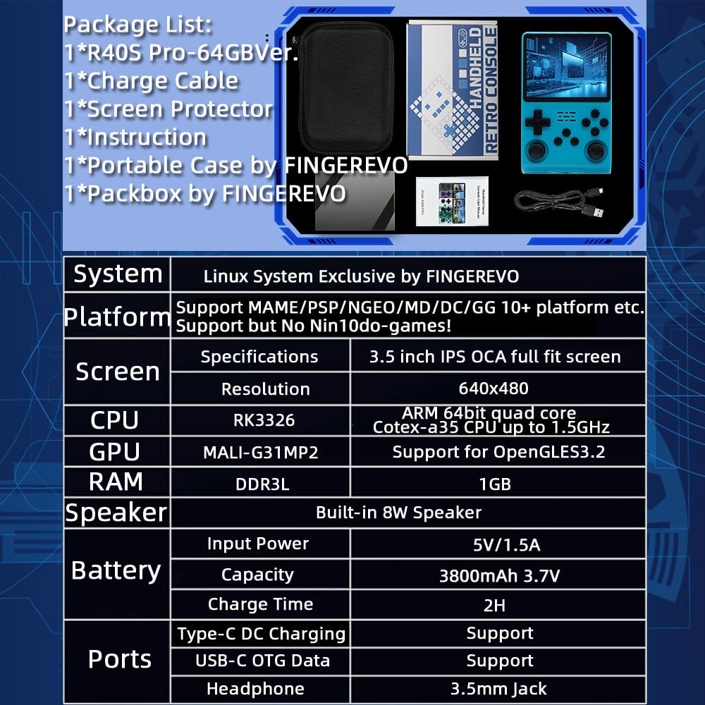 R40S Pro Handheld Game Console 3.5-in 640*480 IPS OCA Screen ArkOS 2.0 RK3326 r40spro with Portable Case Blue-64GBVer.