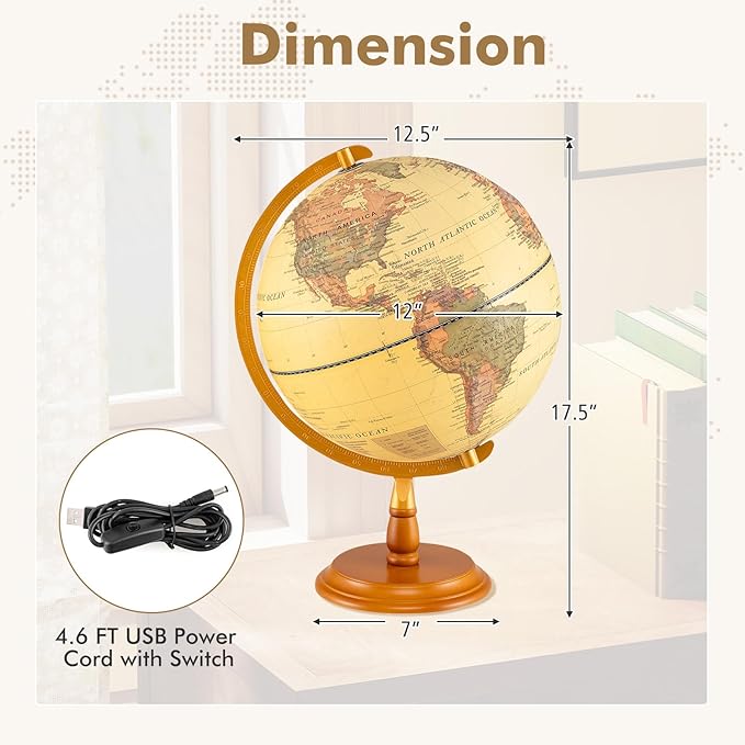 Goplus 12 Inch Illuminated World Globe, Antique Light up Rotating Globe Night Lamp with Wooden Stand, Geography Educational Desktop Decoration for Kids Adults Home Office School (Antique-Bronze)