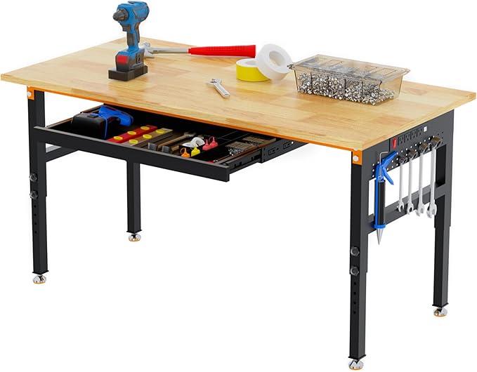 60" Adjustable Height Workbench, 2000 LBS Heavy Duty Work Table with Power Outlets & Pegboard, Rubber Wood Workstation for Garage, Workshop, Office, Home, Commercial