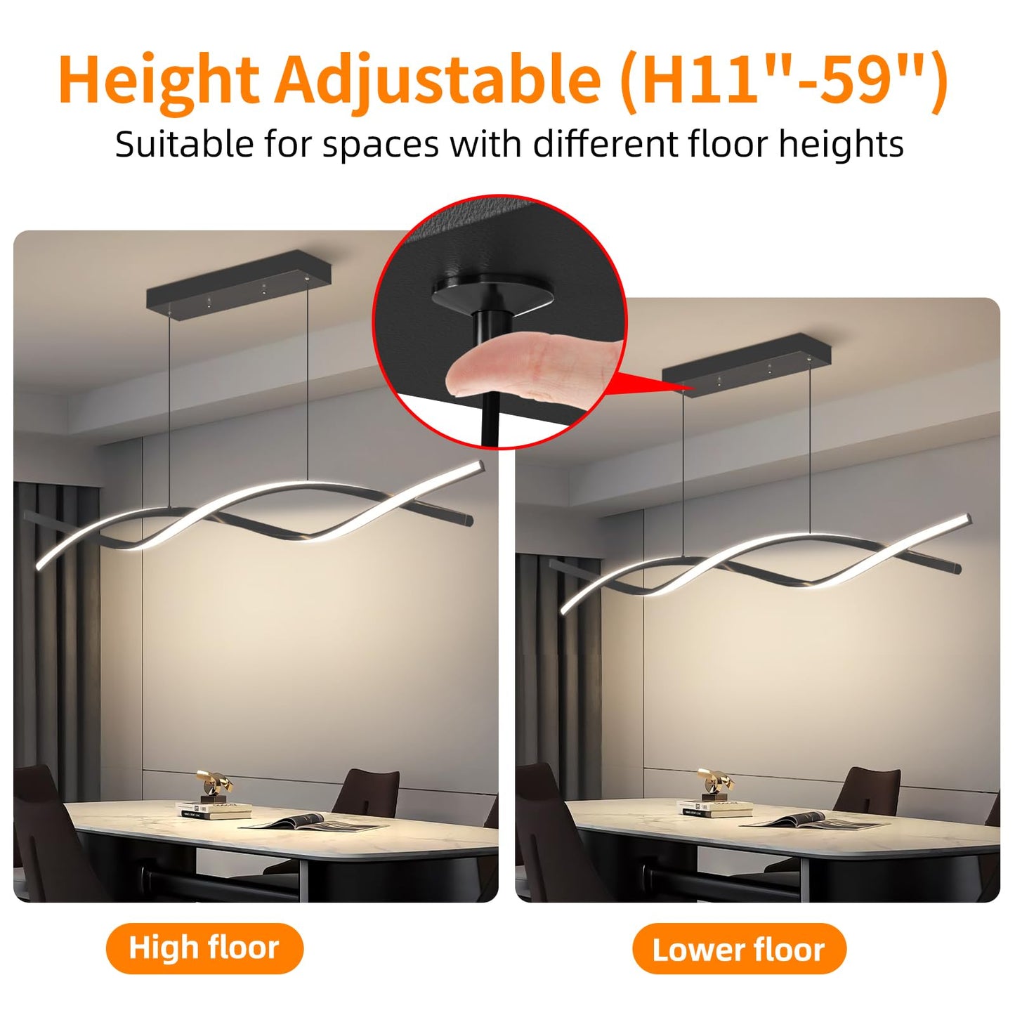 Mikeru Modern LED Ceiling Pendant Light, 57in Aluminum Chandelier, Remote Control, 3000K-6500K, Black, Model BL57