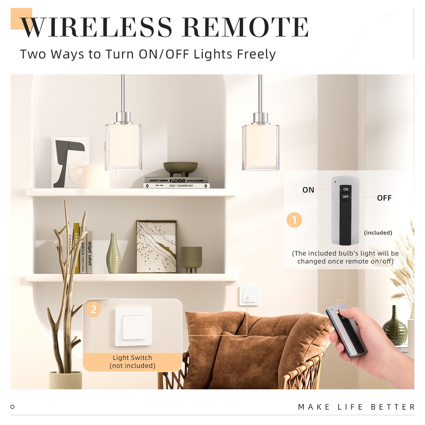 Lightbiz Pendant Light - Adjustable Rod, Clear Dual Glass, 3 Color Temperatures, Brushed Nickel, 2 Pack, Model L400