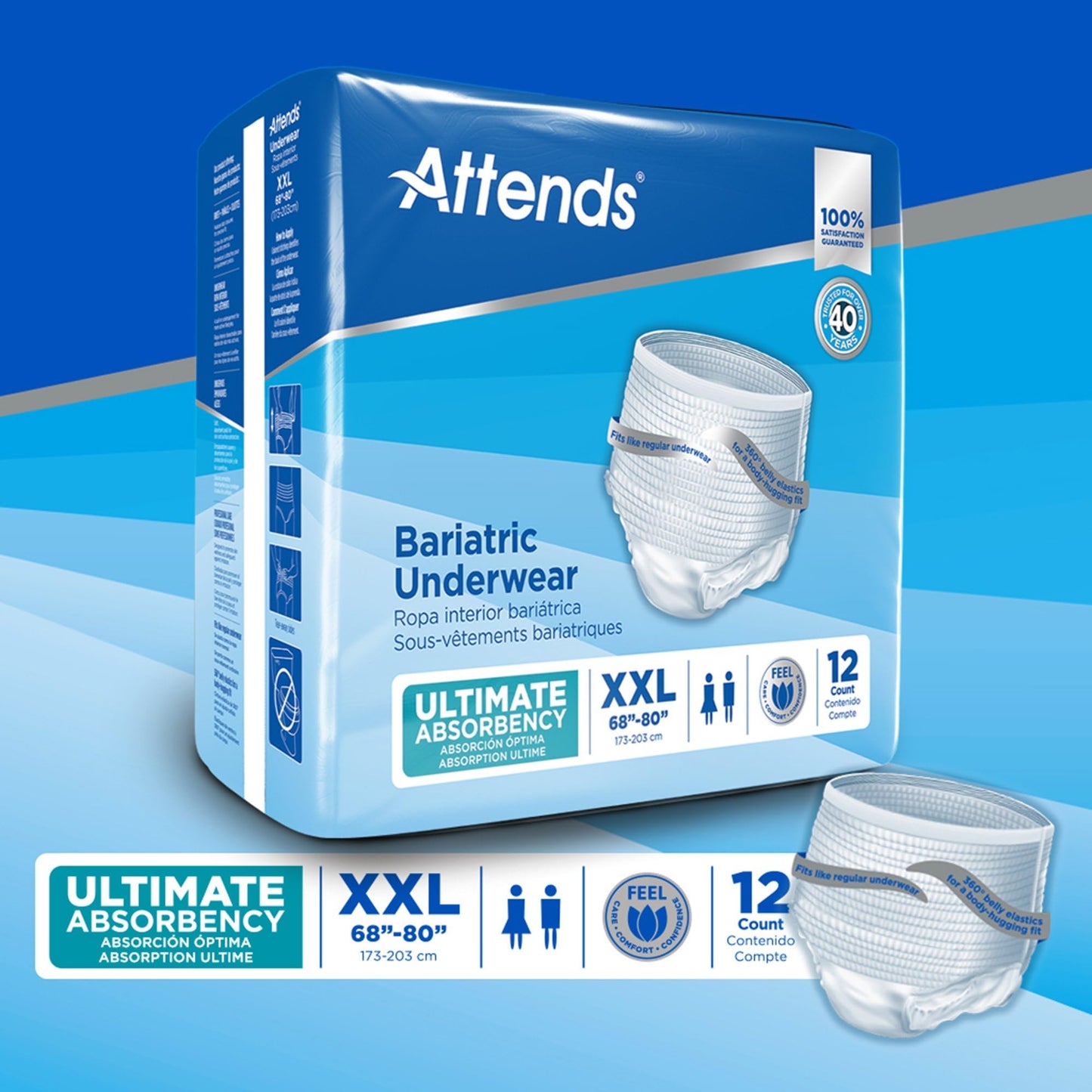 Attends Bariatric Adult Incontinence Underwear, 2X-Large (68–80”), [12 Count] – Overnight Absorbency for Men and Women, Disposable Pull-On Diapers with Tear-Away Sides, AU50