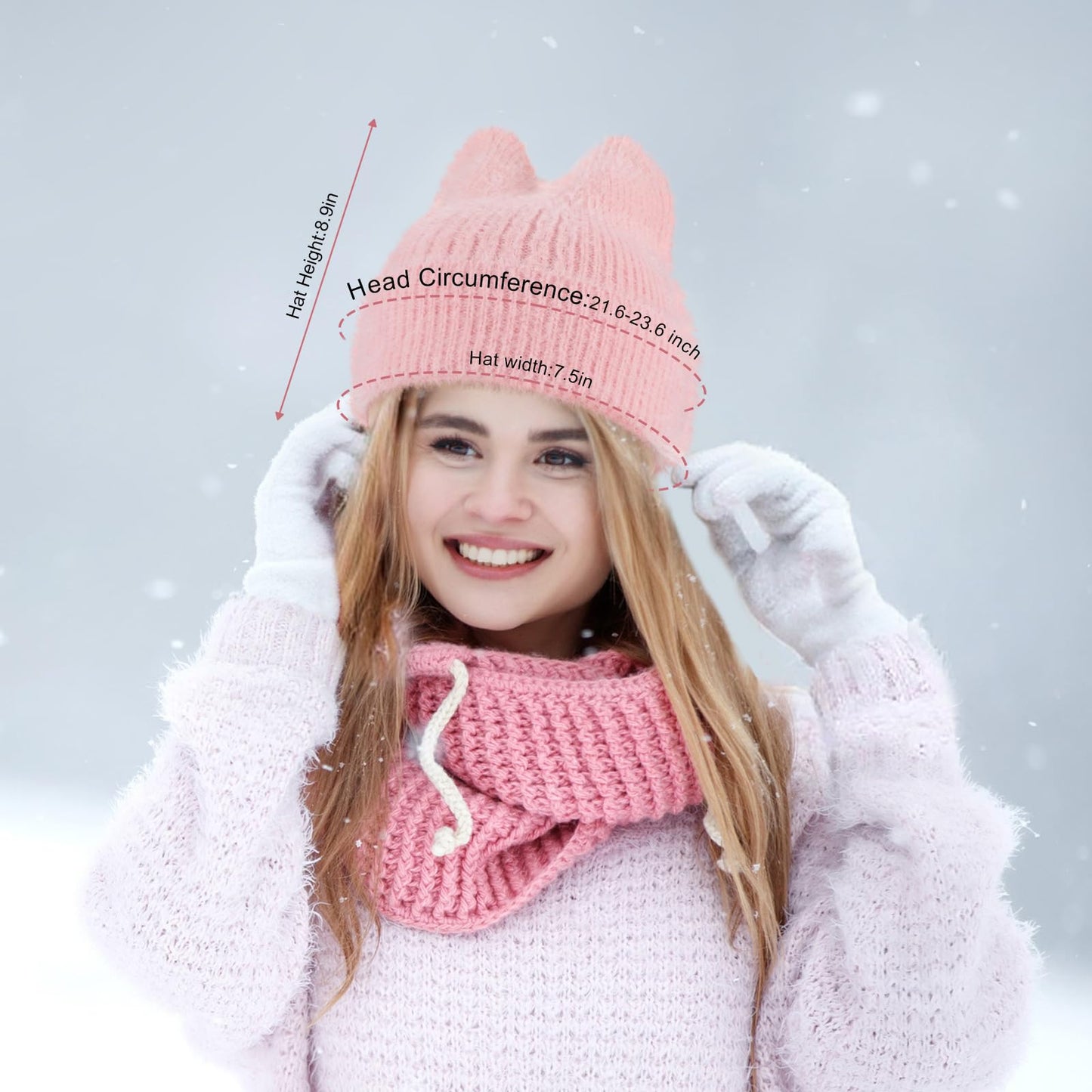 Silicherry 3 Pcs Winter Cat Ear Knitted Beanie Hats for Women Men Ladies Soft Warm Lazy Slouchy Hat Accessories(Black,Pink,White)