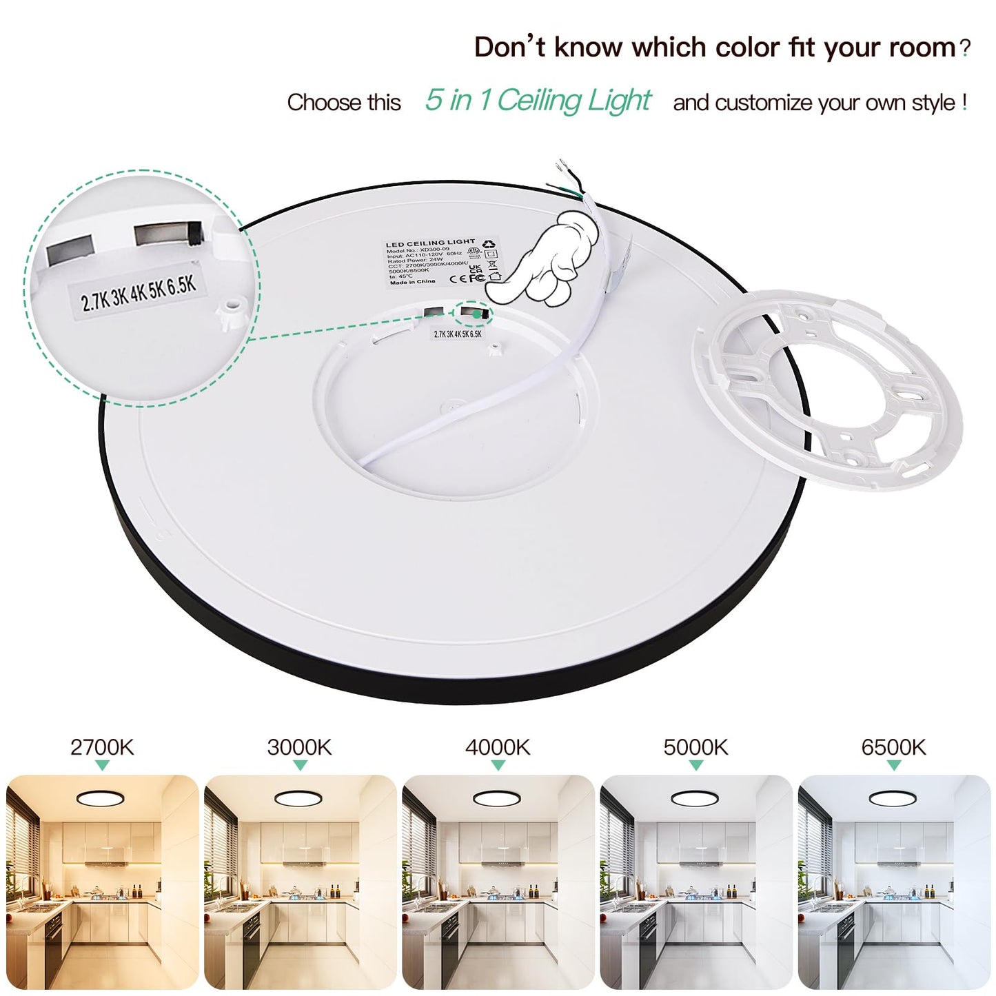 Brightever LED Flush Mount Ceiling Light 24W 3200LM Dimmable 12 Inch Black 5CCT Model XD300-09, 2 Packs