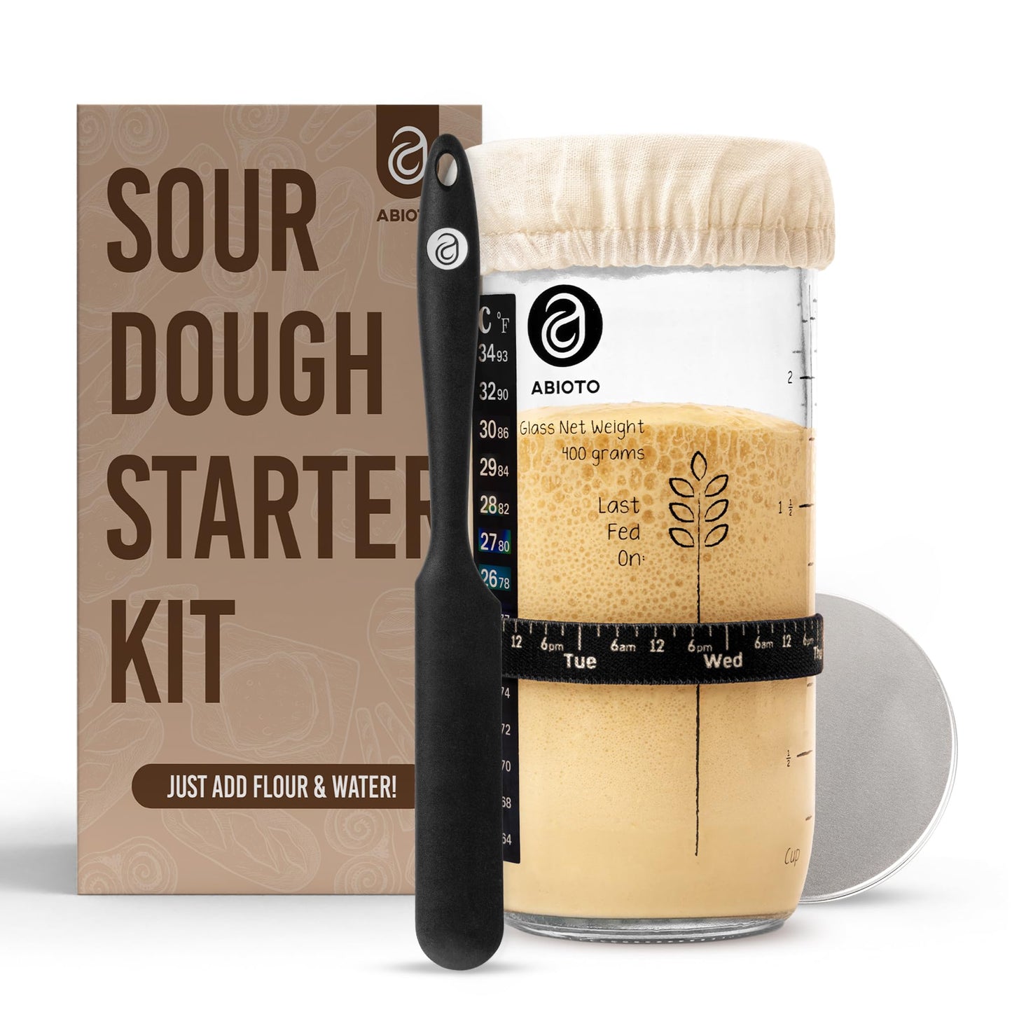 ABIOTO Sourdough Starter Kit  Includes 24 oz Sourdough Starter Jar with Metallic Lid  Silicone Spatula  Feeding Tracker  Extra Thermometer Strips & Breathable Covers - Sourdough Bread Starter Kit