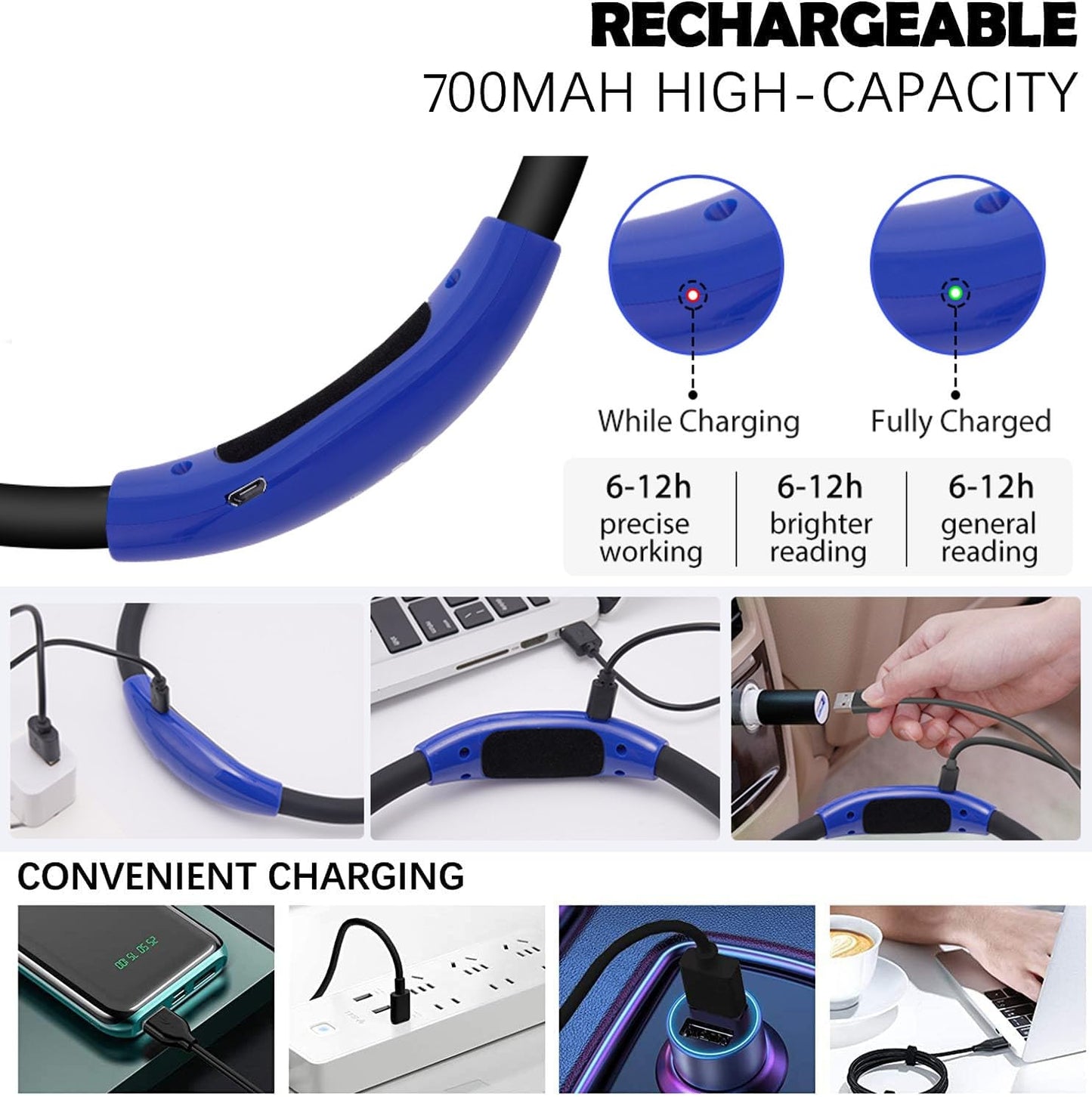 Betensh Rechargeable Led Book Light - Flexible Neck Hug Design, 3 Brightness Levels, Blue, Ideal For Reading In Bed Or Car