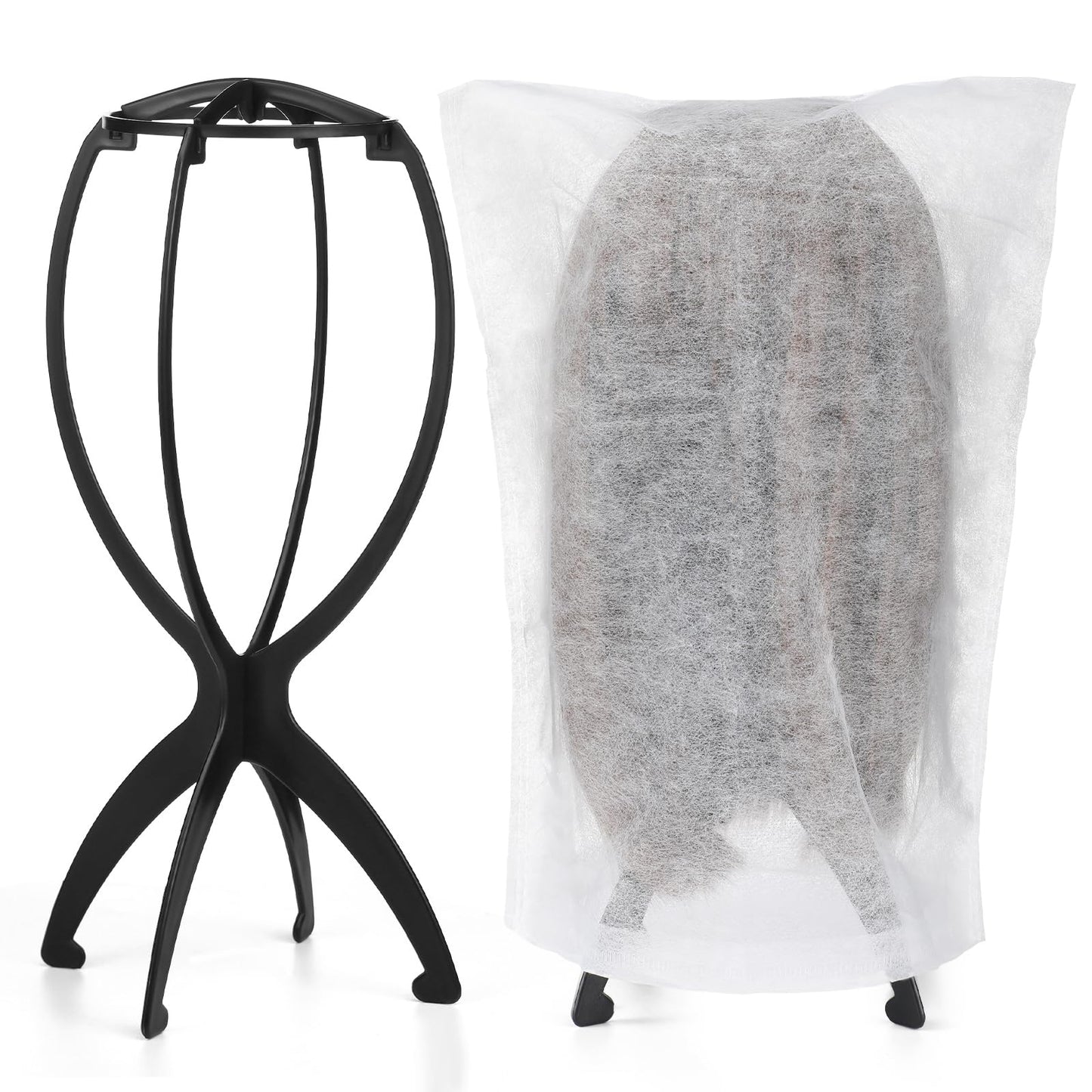 ProSuites 2 Pack Wig Stand with 2Pcs Wig Dust Bag, Travel Wig Head Stand Holder for Women Multiple Wigs Styling, Black, Hair Len