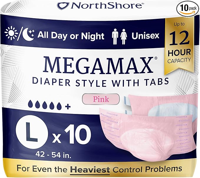 NorthShore MegaMax Adult Overnight Diapers, 12-Hour Tab-Style, Large, 10 Count Bag, Pink, 42-54 inches, Unisex Incontinence Underwear
