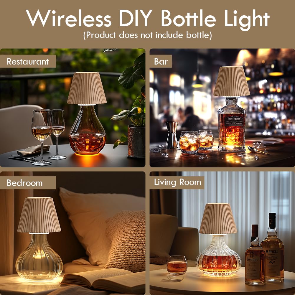 WILIT Wireless Bottle Lamp Shades, 3 Level Brightness, Rechargeable Table Decor, 2pcs Wood Grain
