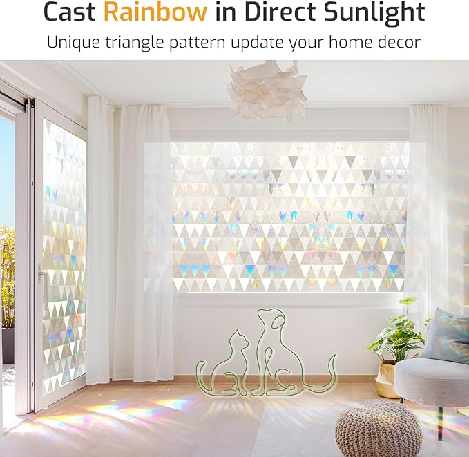LUTE Window Privacy Film, Decorative Stained Glass Rainbow Window Clings, Sun Blocking Glass Covering, Renter-Friendly Static Cling Sticker Frosted Decals for Home Door Office, 23.6" x 78.7"