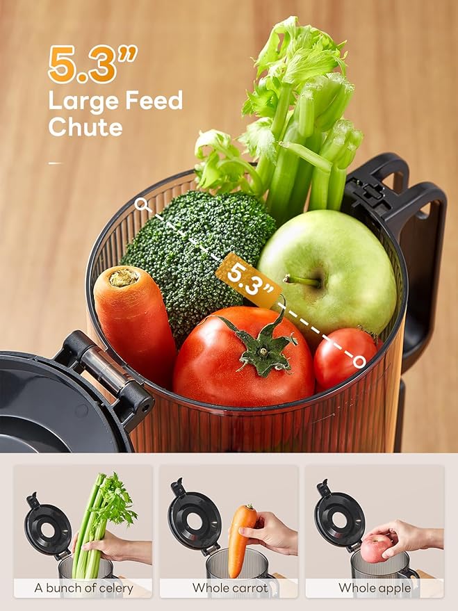QCen Cold Press Juicer, 5.5” Wide Feed Chute Slow Masticating Juicer Machine for Whole Fruits and Vegetables, Easy to Clean (Silver)