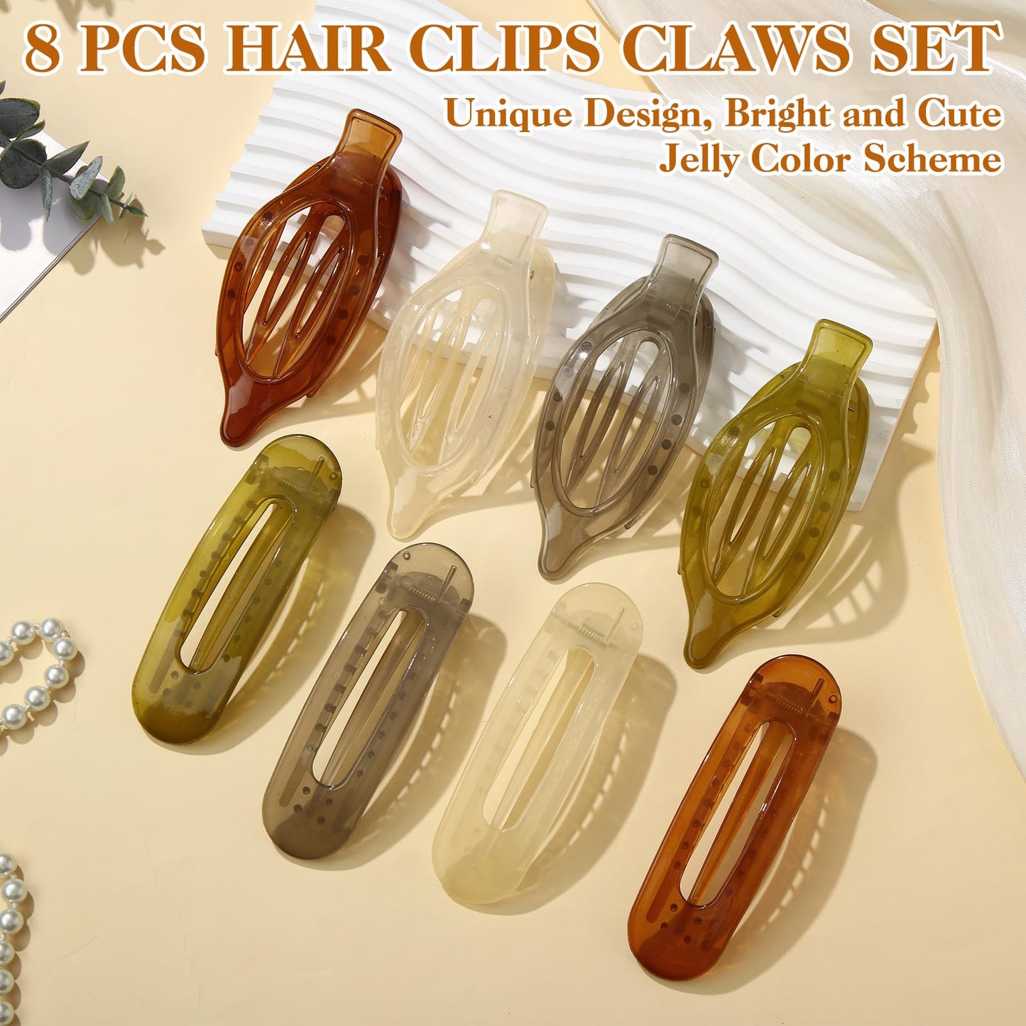 ProSuites 8 PCS Jelly Claw Clips, 2 Styles French Flat Hair Clips Jelly Claw Clips Strong Hold for Women Girls Thin Hair Summer
