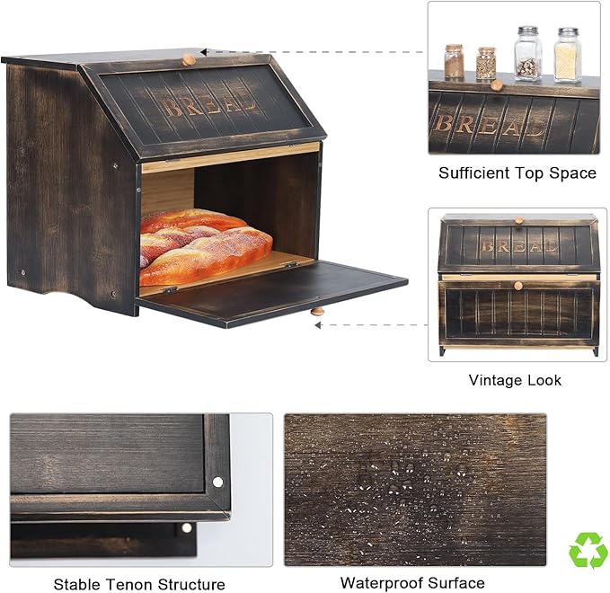 HOMEKOKO Double Layer Large Bread Box for Kitchen Counter, Retro Design Wooden Large Capacity Bread Storage Bin (Vintage Black)