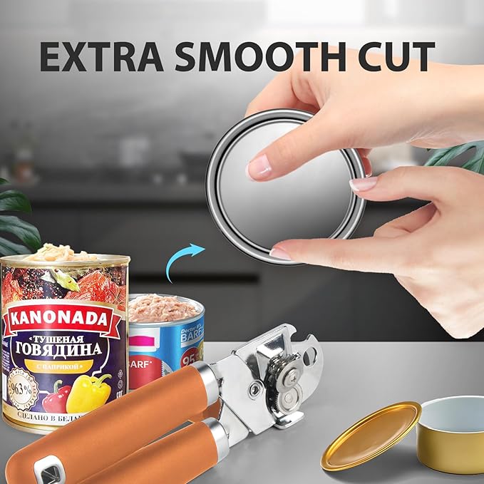 Can Opener Manual, Heavy Duty Handheld Strong Can Opener with Soft Touch Handle, Sharp Blade Smooth Edge, Can Openers with Multifunctional Bottle Opener, Orange
