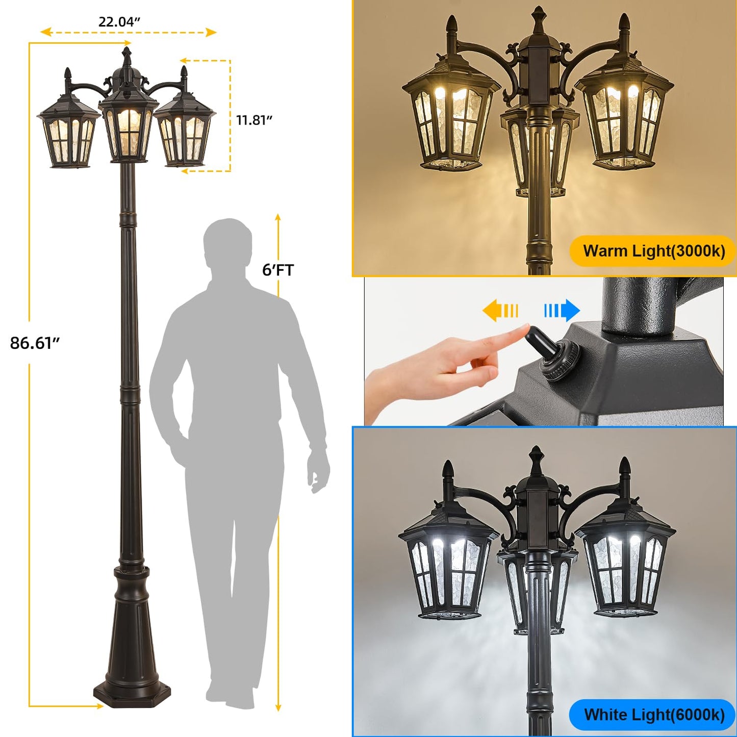 Gydz 3-Head Solar Outdoor Street Light With Dusk To Dawn Sensor  Aluminum Exterior Pole Light With Water Ripple Glass  Classic Waterproof Black Solar Lamp Post Lights For Backyard  Garden  Driveway