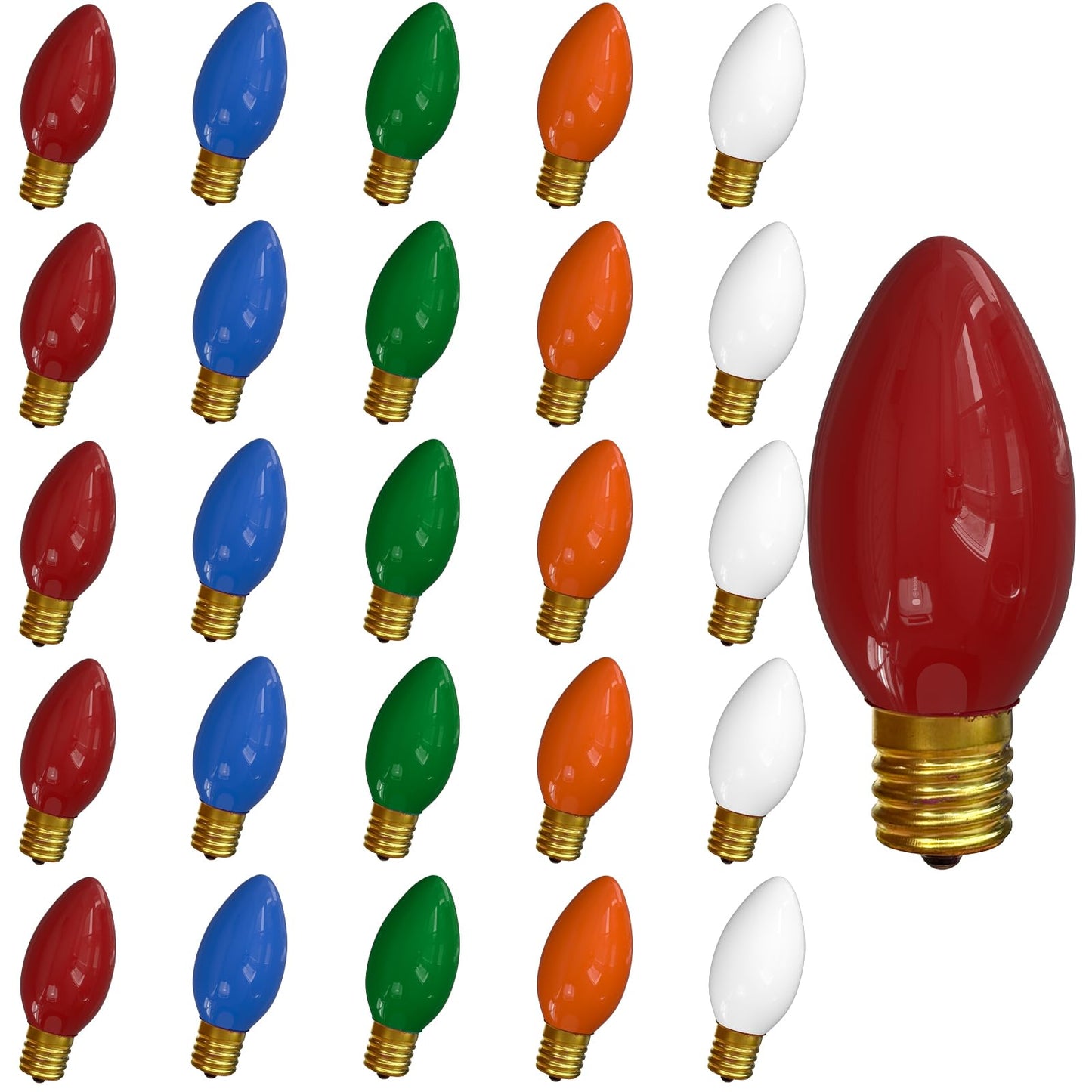 Romasaty C9 Replacement Bulbs - 25 Pack Multi-Color Ceramic, C9/E17 Base, 7 Watt