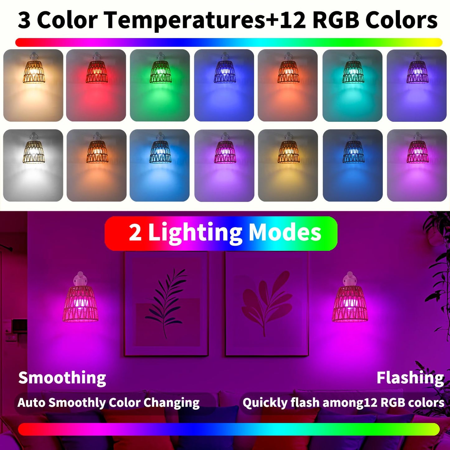 Battery Operated Wall Sconce Set Of 2  Boho Usb Rechargeable Wall Lamp  White Farmhouse Rattan Sconce Lighting With Remote  Rgb 15 Colors Modes Rechargeable Wall Lights For Bedroom Livingroom Hallway
