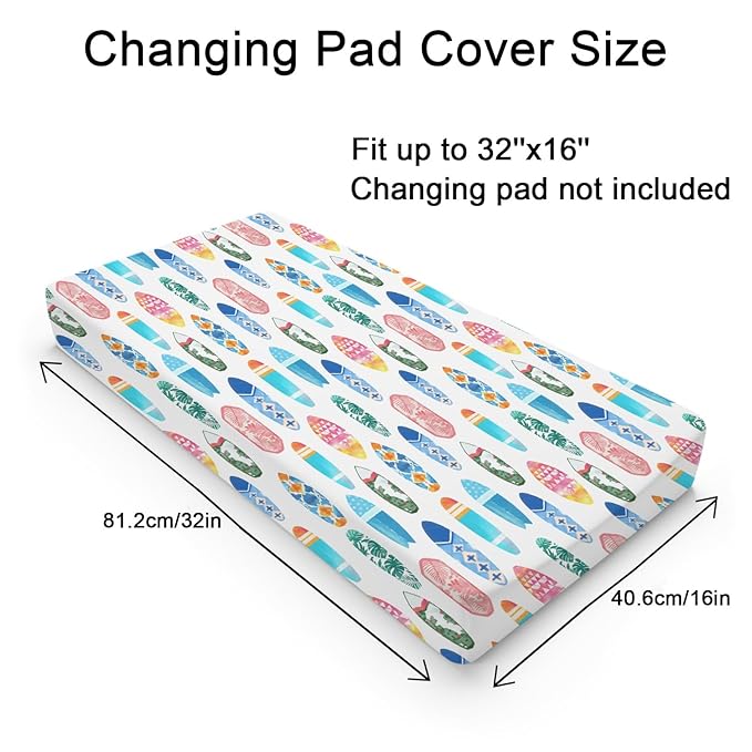 Colorful Surfboards Baby Changing Pad Covers for Boy Girl 32''x16'' Hawaiian Tropical Beach Surfing Fitted Diaper Change Table Mats Boho Summer Ocean Sports Soft Breathable Cradle & Bassinet Sheets