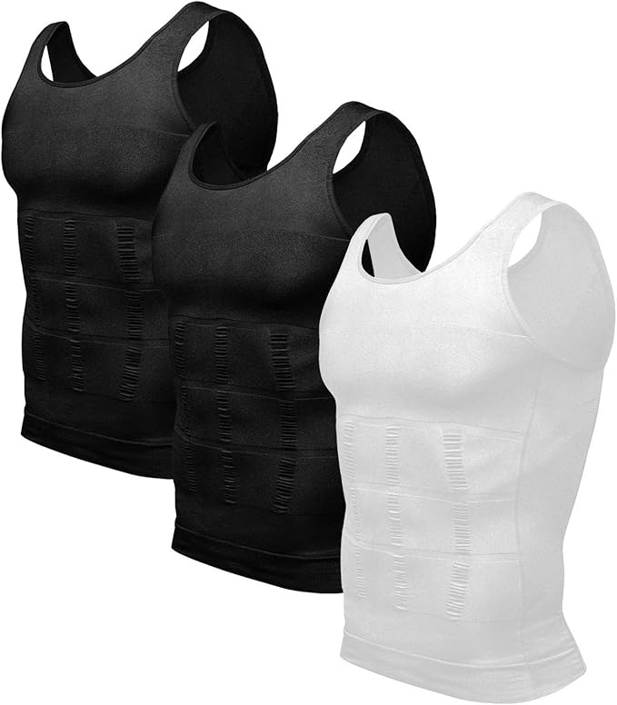 Odoland 3 Pack Men Compression Shirt Body Shapewear Base Layer Tummy Shaper Vest Tank Top