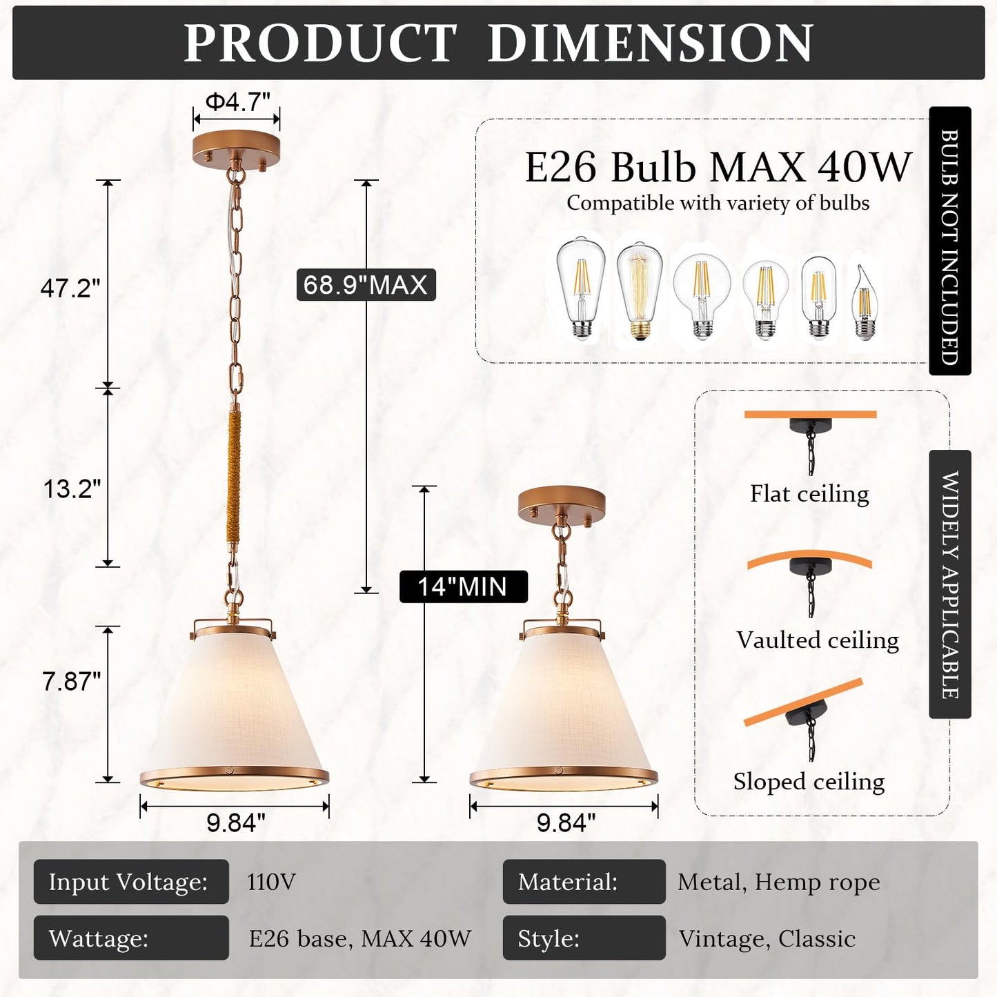 Fookchak 3-Pack Vintage Brass Kitchen Pendant Lighting Over Island White Linen Pendant Light 10In Copper Pendant Lighting With Hemp Rope Rod Entryway Ceiling Hanging Light For Dining Room