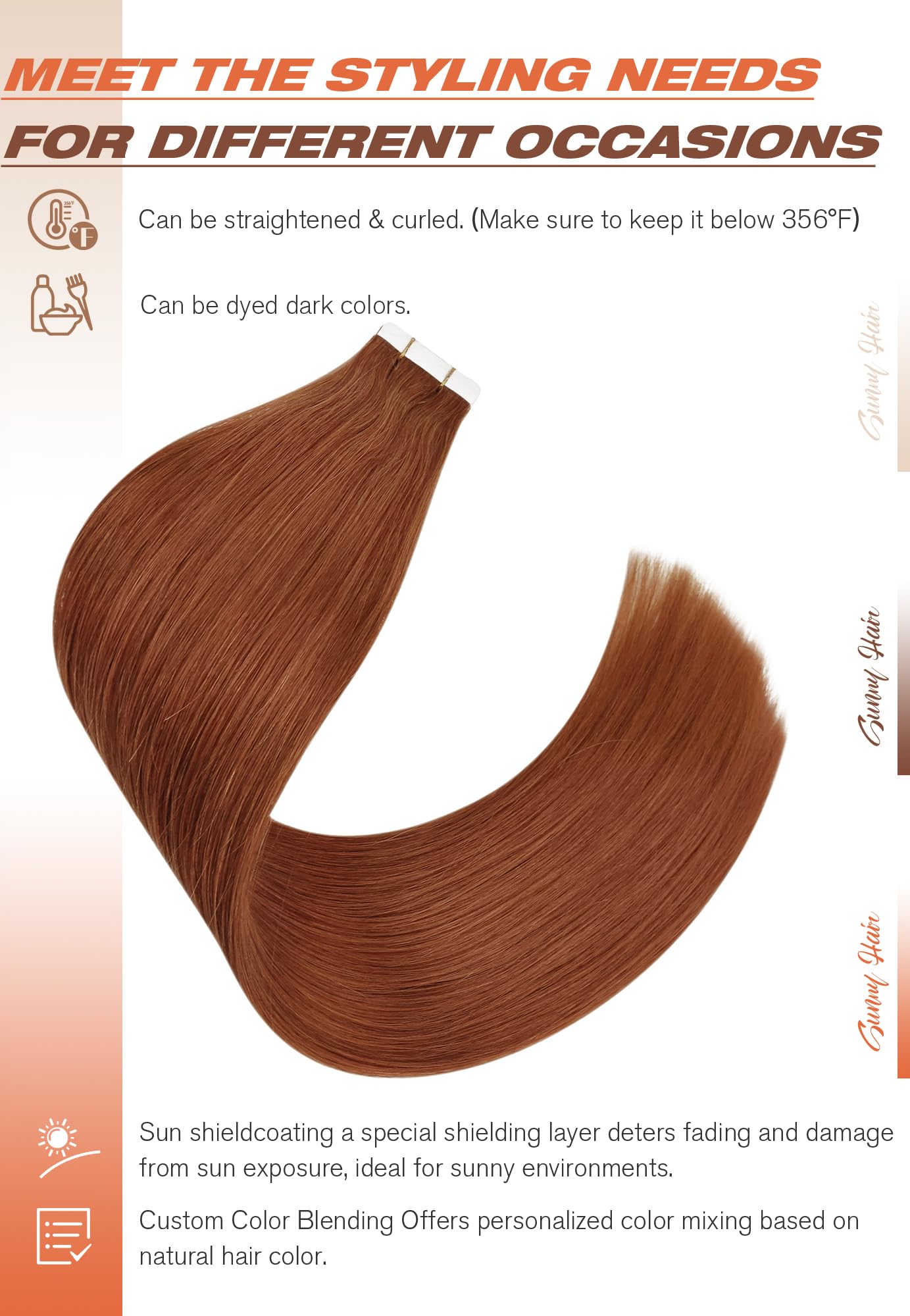 Sunny Hair Copper Tape in Hair Extensions Human Hair Glue in Hair Extensions Straight Tape ins Hair Extensions Copper for Women