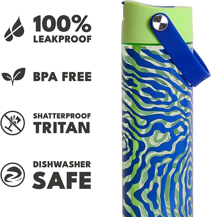 Elemental Splash Water Bottle with Straw - BPA-Free Tritan Plastic Reusable Water Bottle with Strap - Ideal for Travel, Gym and Sports - Leak Proof when Spout is Closed - 26oz - Aqua Waves