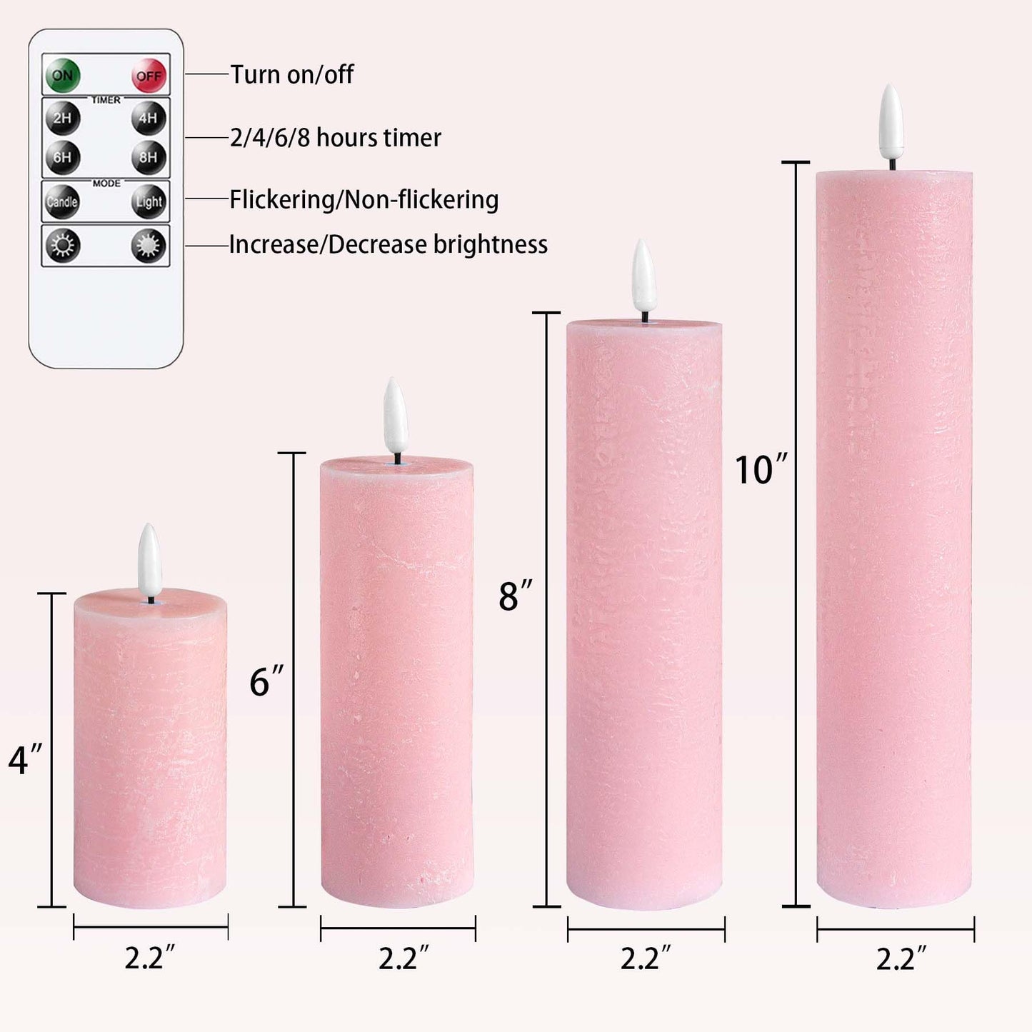 Vtobay Flickering Flameless Pillar Candles with Remote Control and Cycle Timer,Pink Pack of 4 Battery Operated(Powered by 2AA) LED Real Wax Tall Fake 3D-Wick Electric Candles(D 2.2” x H 4”,6”,8”,10”)